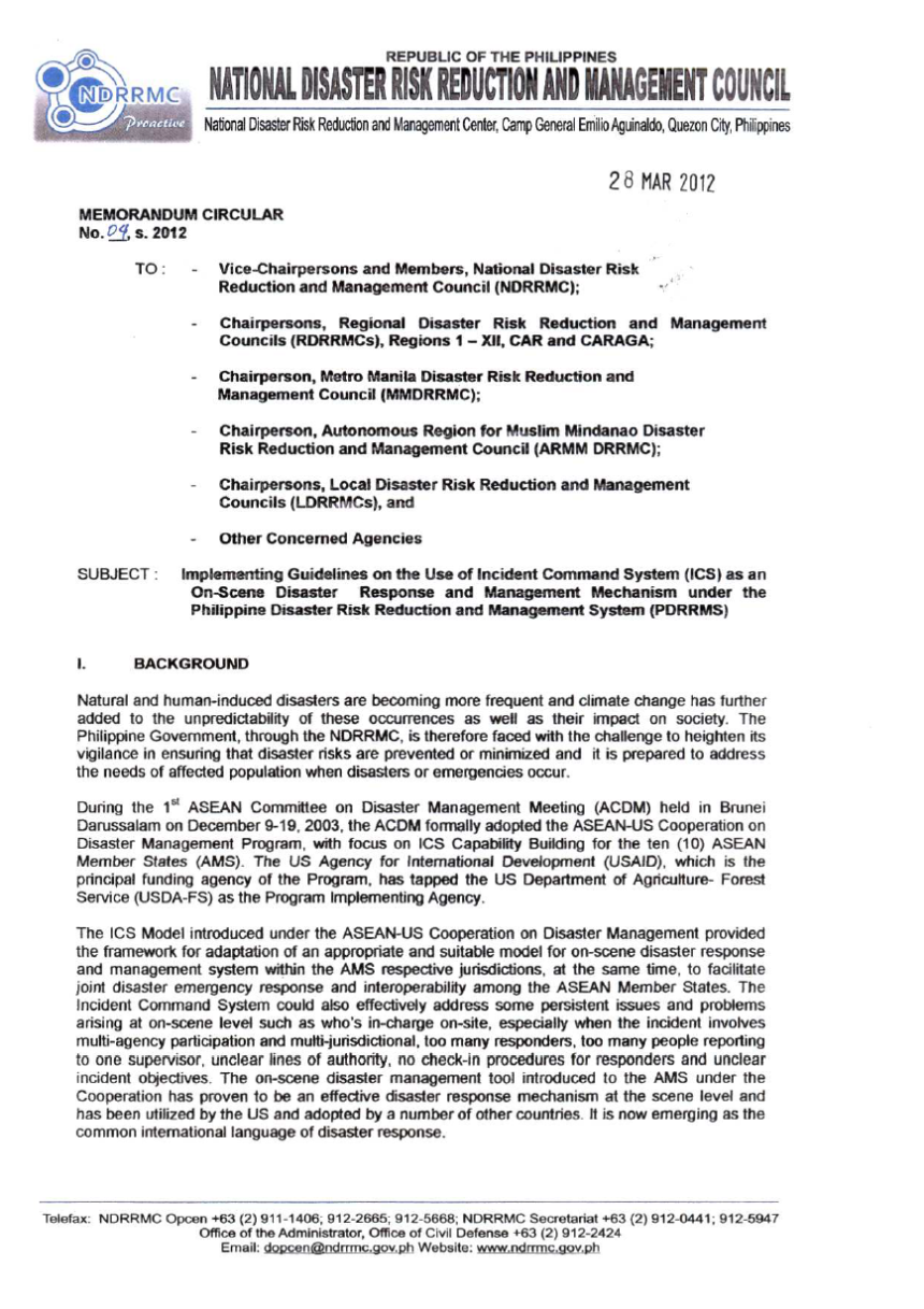 NDRRMC Memorandum Circular No. 004 series of 2012 Implementing